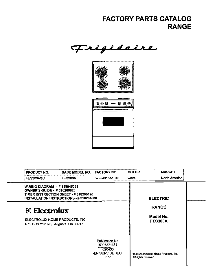 COVER Diagram and Parts List for FES300ASC  Frigidaire Range