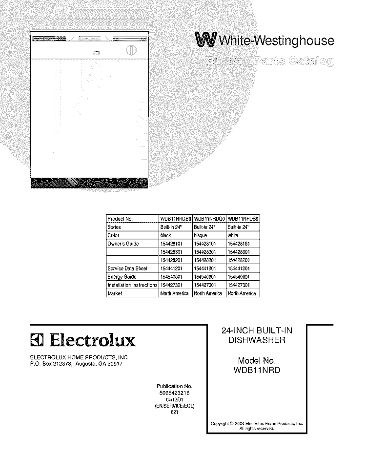 COVER Diagram and Parts List for WDB11NRDB0  Westinghouse Dishwasher