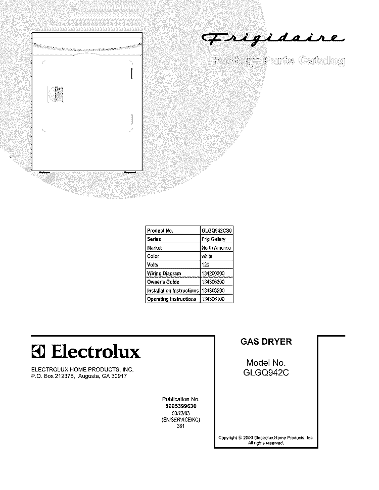 COVER Diagram and Parts List for GLGQ942CS0  Frigidaire Dryer