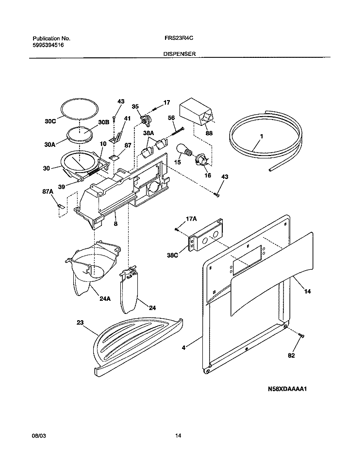 DISPENSER Diagram and Parts List for FRS23R4CQ2  Frigidaire Refrigerator