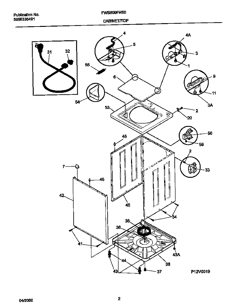 P12V0019 WSHR CAB, TOP Diagram and Parts List for FWS800FHS0  Frigidaire Washer