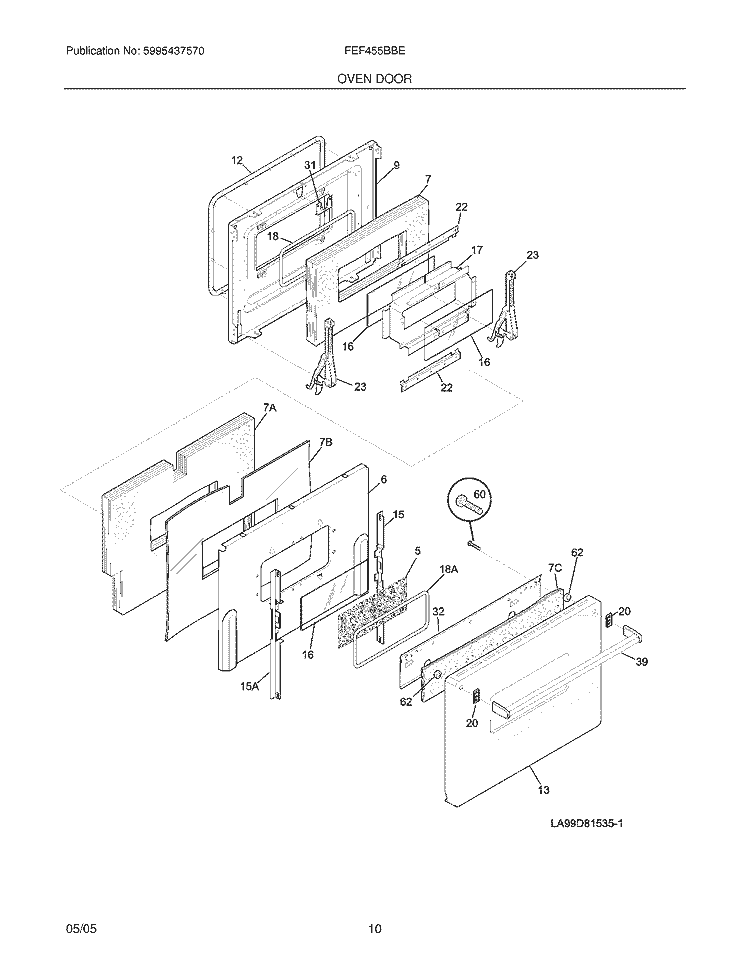 OVEN DOOR Diagram and Parts List for FEF455BBE  Frigidaire Range