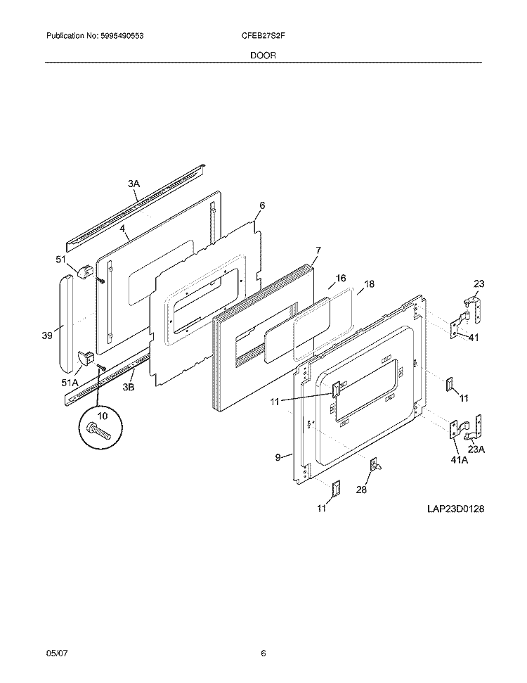 DOOR Diagram and Parts List for CFEB27S2FB2  Frigidaire Wall Oven