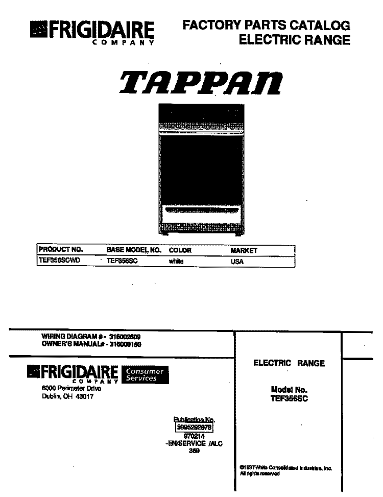 COVER Diagram and Parts List for TEF356SCWD  Tappan Range