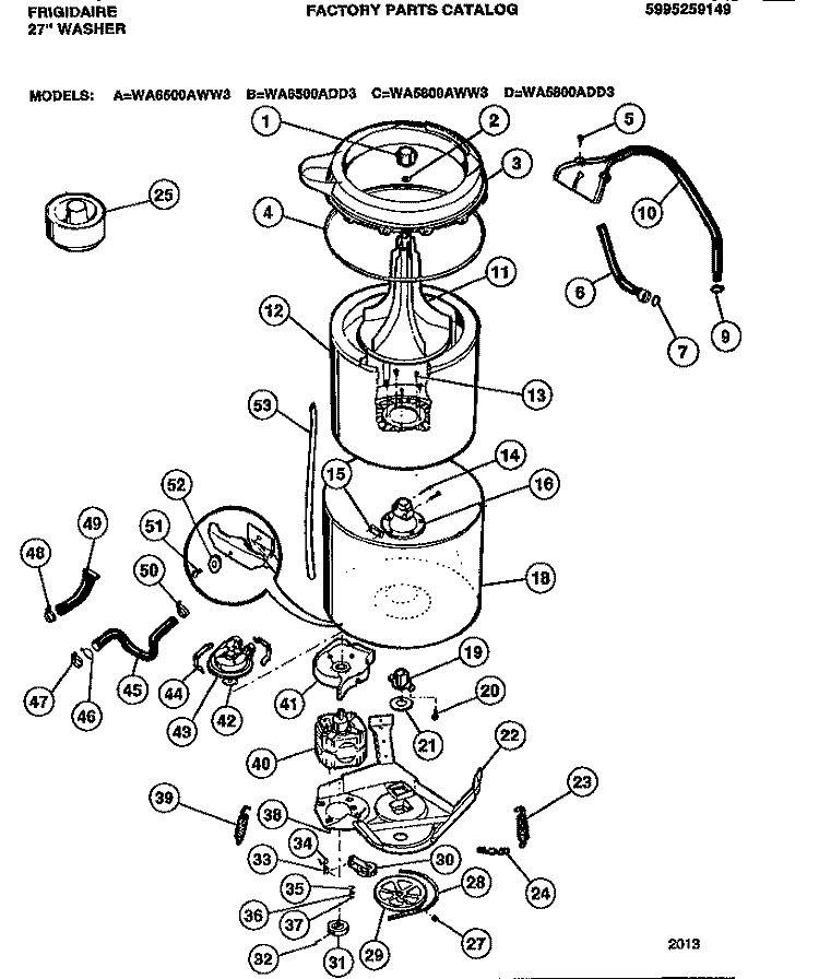 TUBS, HOSES, MOTOR Diagram and Parts List for WA6500ADD3  Frigidaire Washer