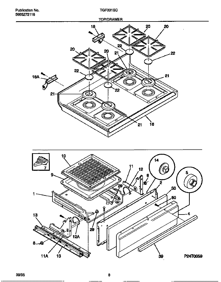 TOP / DRAWER Diagram and Parts List for TGF331SCDA  Tappan Range