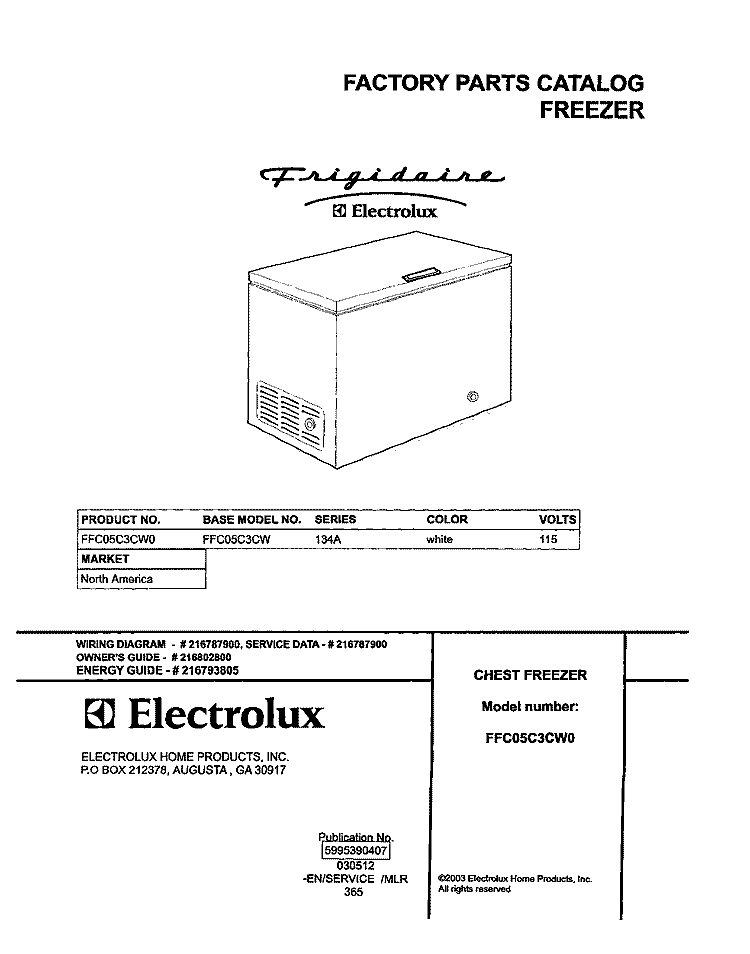 COVER Diagram and Parts List for FFC05C3CW0  Frigidaire Freezer
