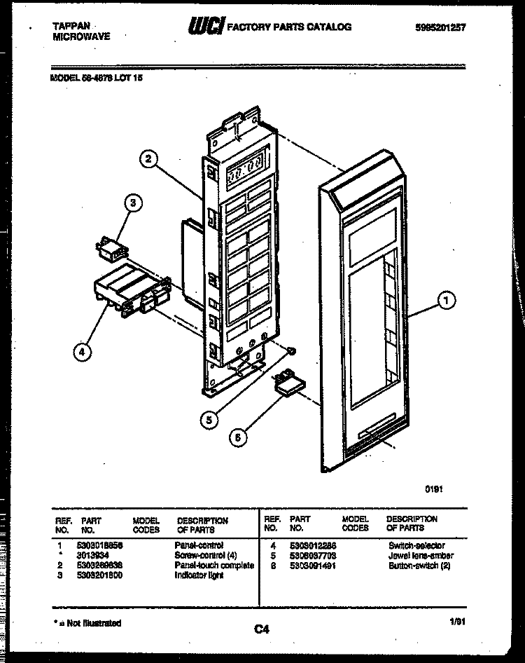 CONTROL PANEL Diagram and Parts List for 56-4878-10-15  Tappan Microwave