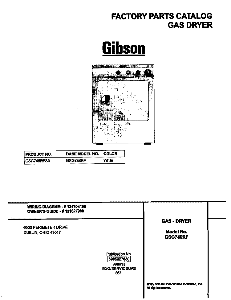 COVER Diagram and Parts List for GSG746RFS3  Gibson Dryer
