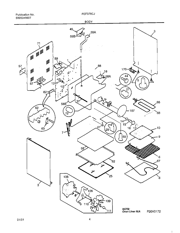 BODY Diagram and Parts List for FEF376CJSB  Frigidaire Range