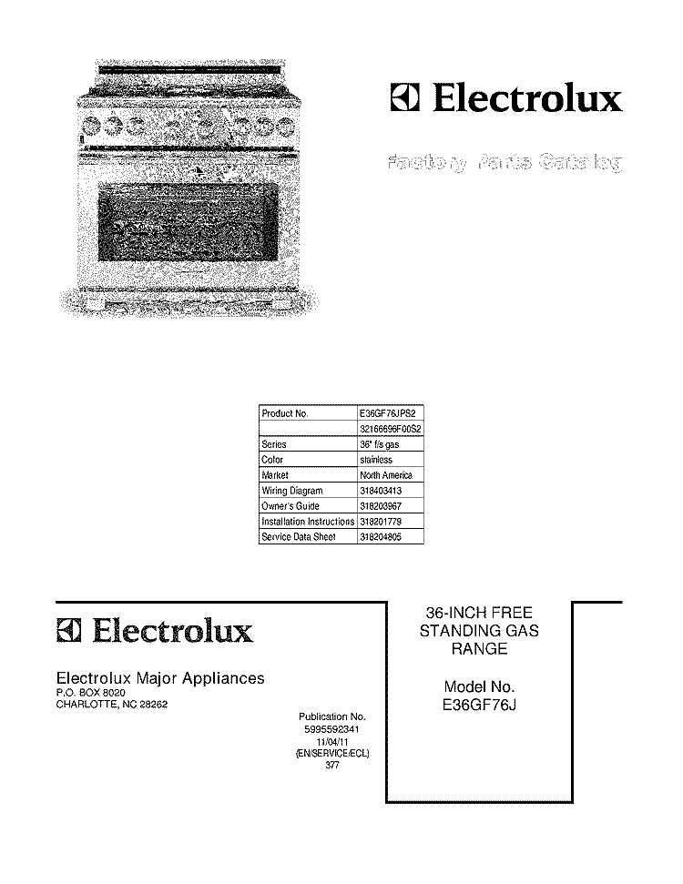 COVER Diagram and Parts List for E36GF76JPS2  Electrolux Range