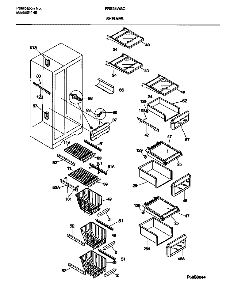 SHELVES Diagram and Parts List for FRS24WSCB0  Frigidaire Refrigerator