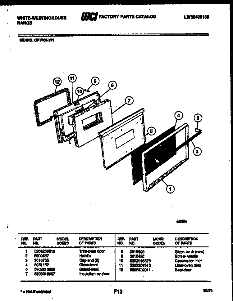 DOOR PARTS Diagram and Parts List for GF740NW1  Frigidaire Range