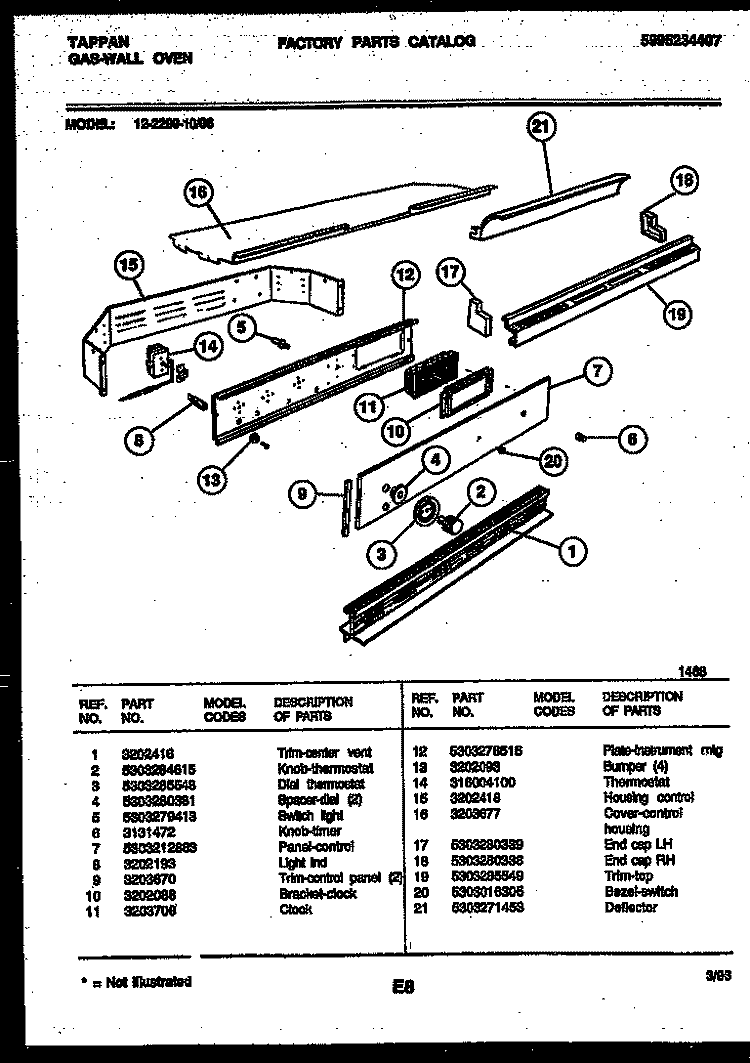 CONTROL PANEL Diagram and Parts List for 12-2299-00-06  Tappan Wall Oven