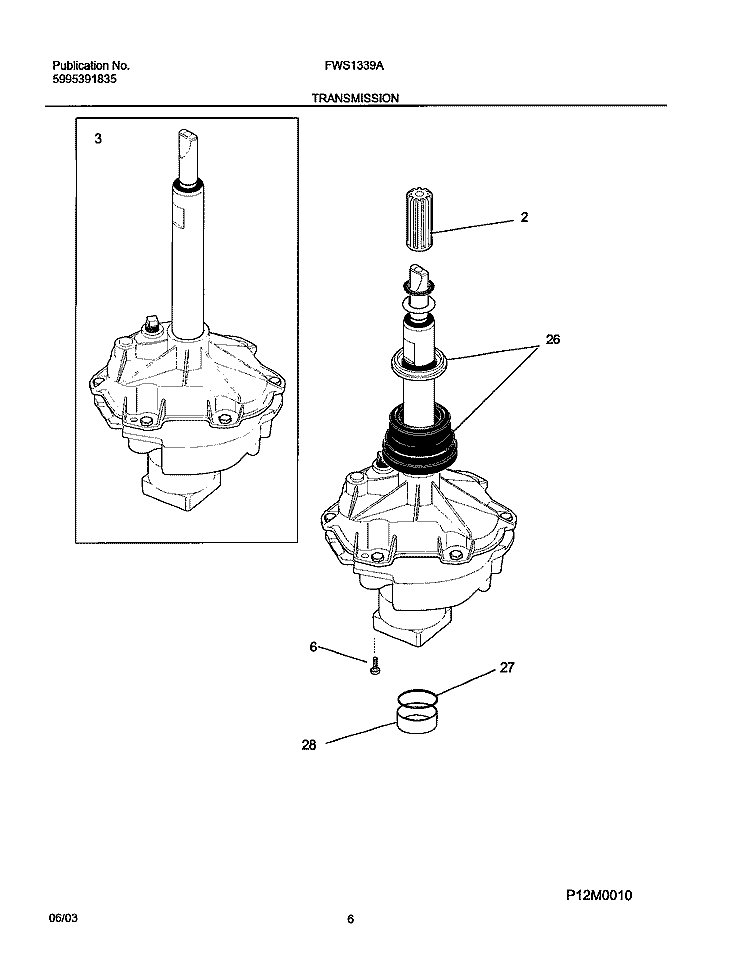 TRANSMISSION Diagram and Parts List for FWS1339AC0  Frigidaire Washer