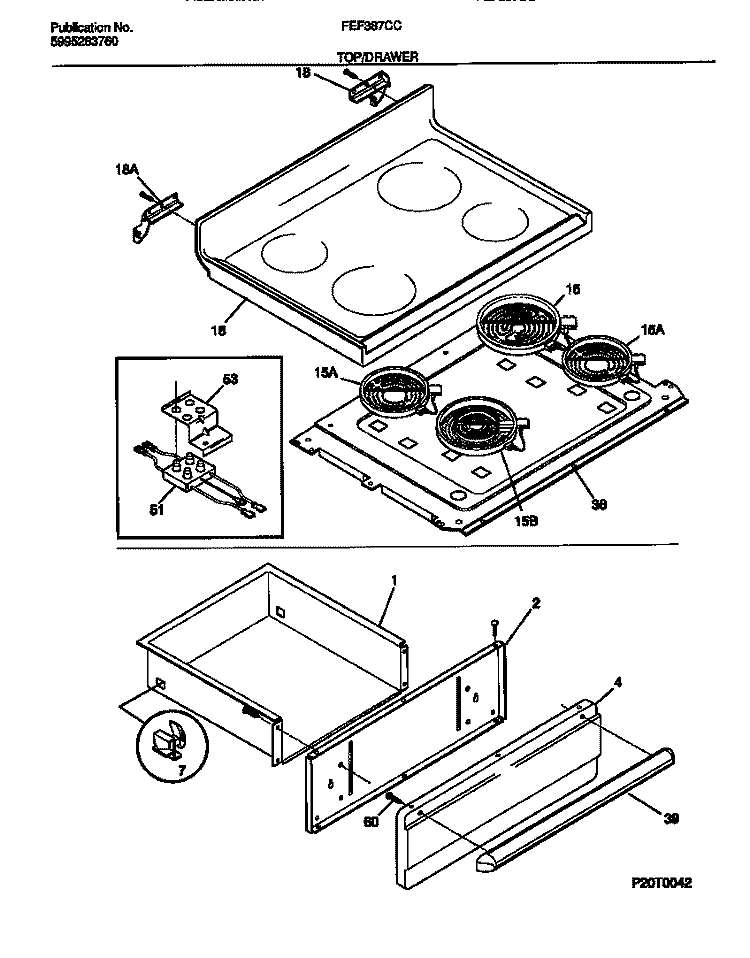 TOP / DRAWER Diagram and Parts List for FEF387CCTA  Frigidaire Range