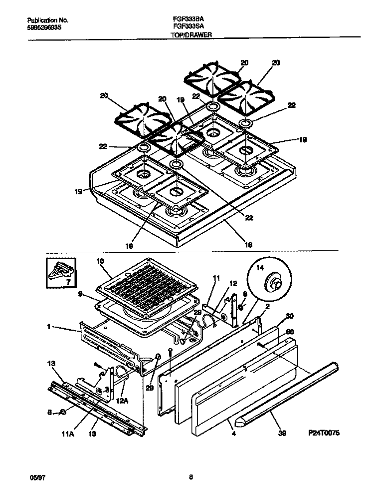 TOP / DRAWER Diagram and Parts List for FGF333BAWG  Frigidaire Range