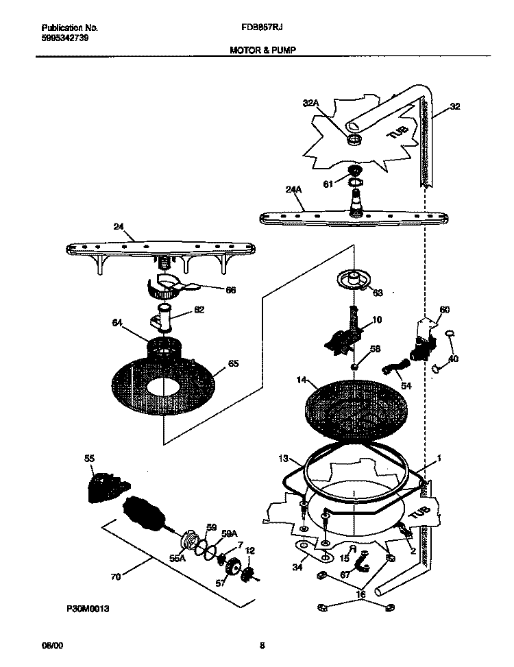 MOTOR & PUMP Diagram and Parts List for FDB857RJB0  Frigidaire Dishwasher