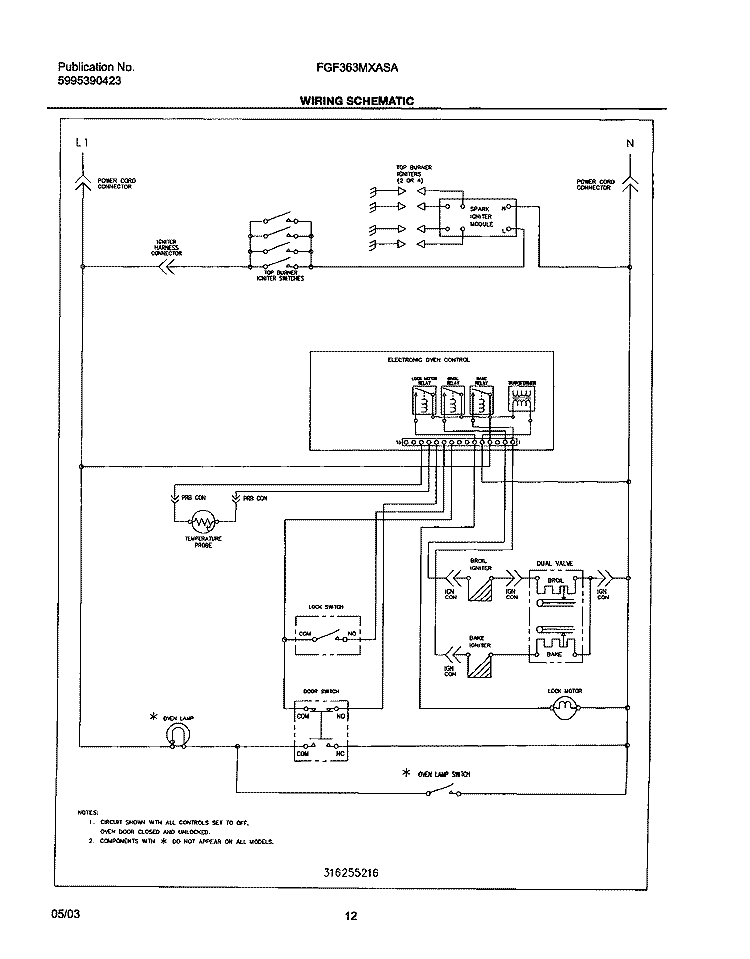 WIRING SCHEMATIC Diagram and Parts List for FGF363MXASA  Frigidaire Range