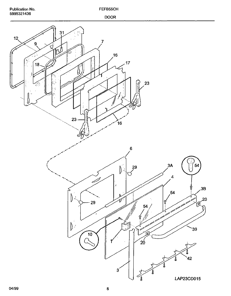 DOOR Diagram and Parts List for FEFB55CHSA  Frigidaire Range