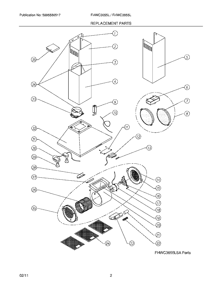 REPLACEMENT PARTS Diagram and Parts List for FHWC3055LSA  Uni Range Hood