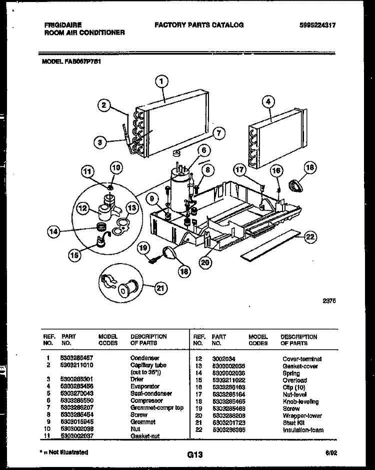 SYSTEM PARTS Diagram and Parts List for FAB067P7B1  Frigidaire Air Conditioner