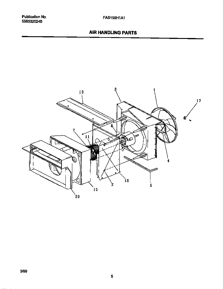 AIR HANDLING PARTS Diagram and Parts List for FAS155H1A1  Frigidaire Air Conditioner