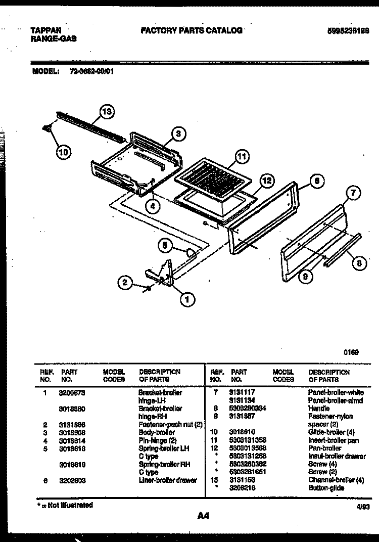 BROILER DRAWER PARTS Diagram and Parts List for 72-3662-23-01  Tappan Range