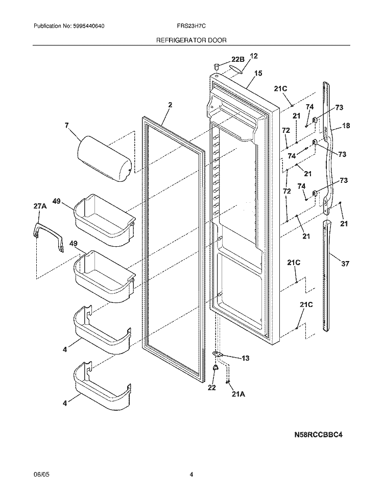 REFRIGERATOR DOOR Diagram and Parts List for FRS23H7CSB4  Frigidaire Refrigerator