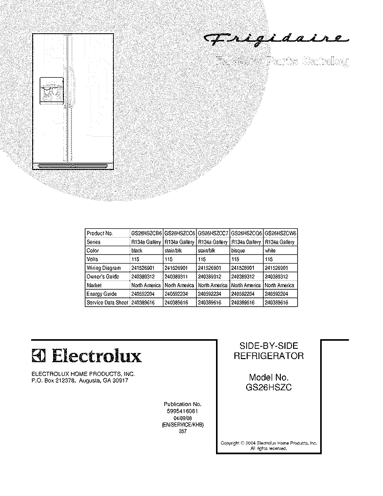 COVER Diagram and Parts List for GS26HSZCC6  Frigidaire Refrigerator