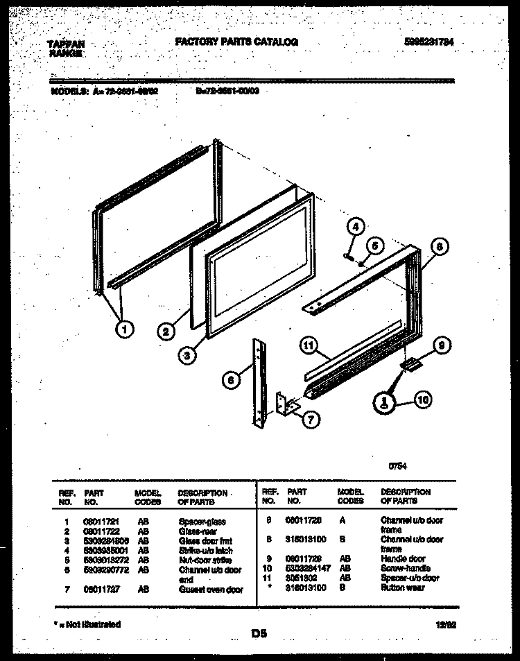 UPPER OVEN DOOR PARTS Diagram and Parts List for 72-3651-23-02  Tappan Range