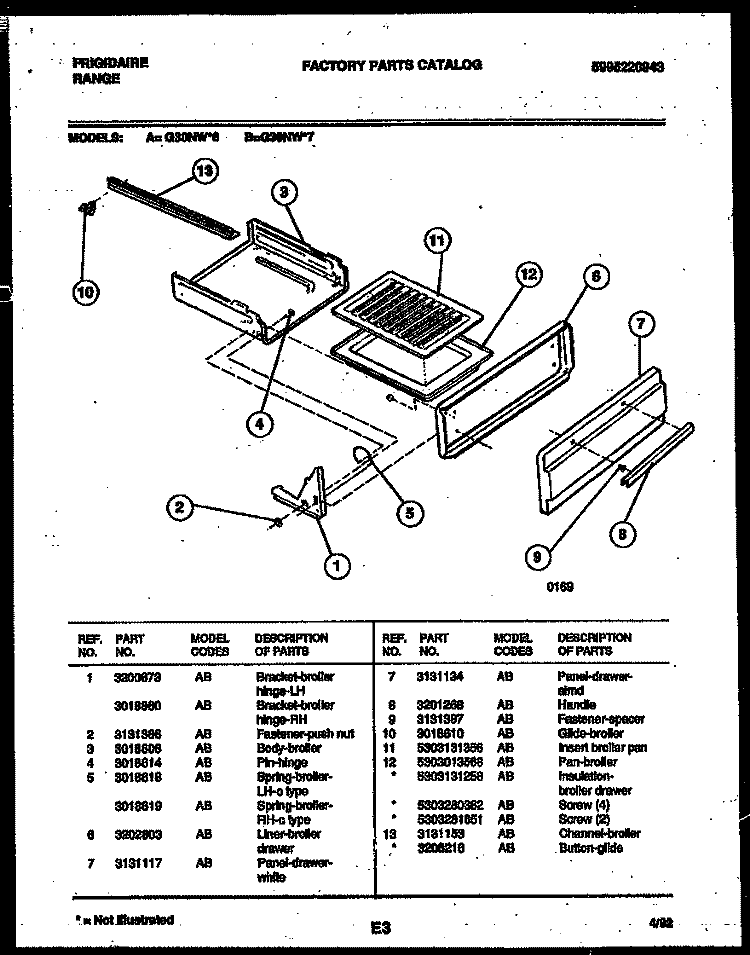 BROILER DRAWER PARTS Diagram and Parts List for G30NW7  Frigidaire Range