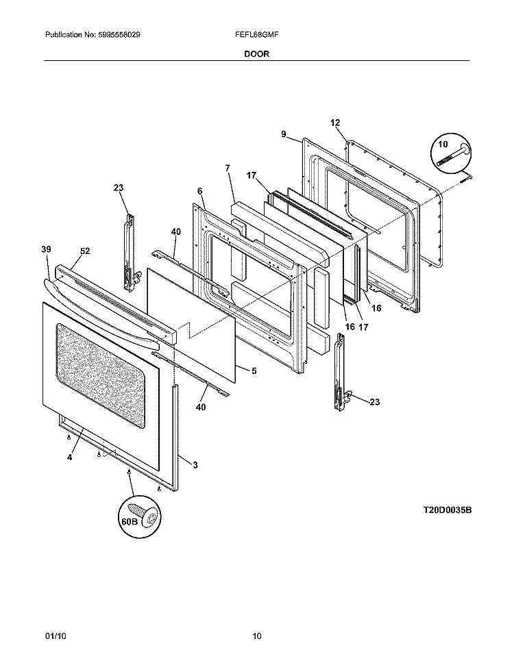 DOOR Diagram and Parts List for FEFL68GMF  Frigidaire Range