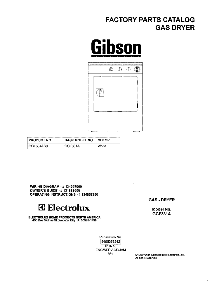COVER Diagram and Parts List for GGF331AS0  Gibson Dryer