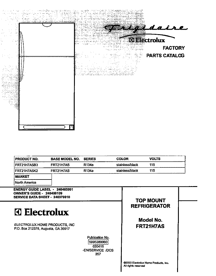 COVER Diagram and Parts List for FRT21H7ASK2  Frigidaire Refrigerator