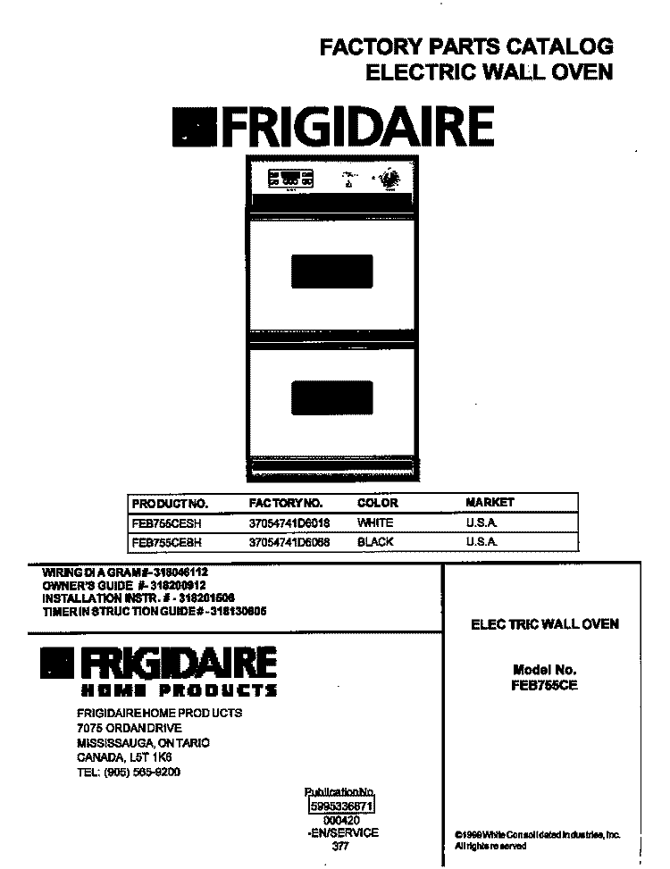 COVER Diagram and Parts List for FEB755CESH  Frigidaire Wall Oven