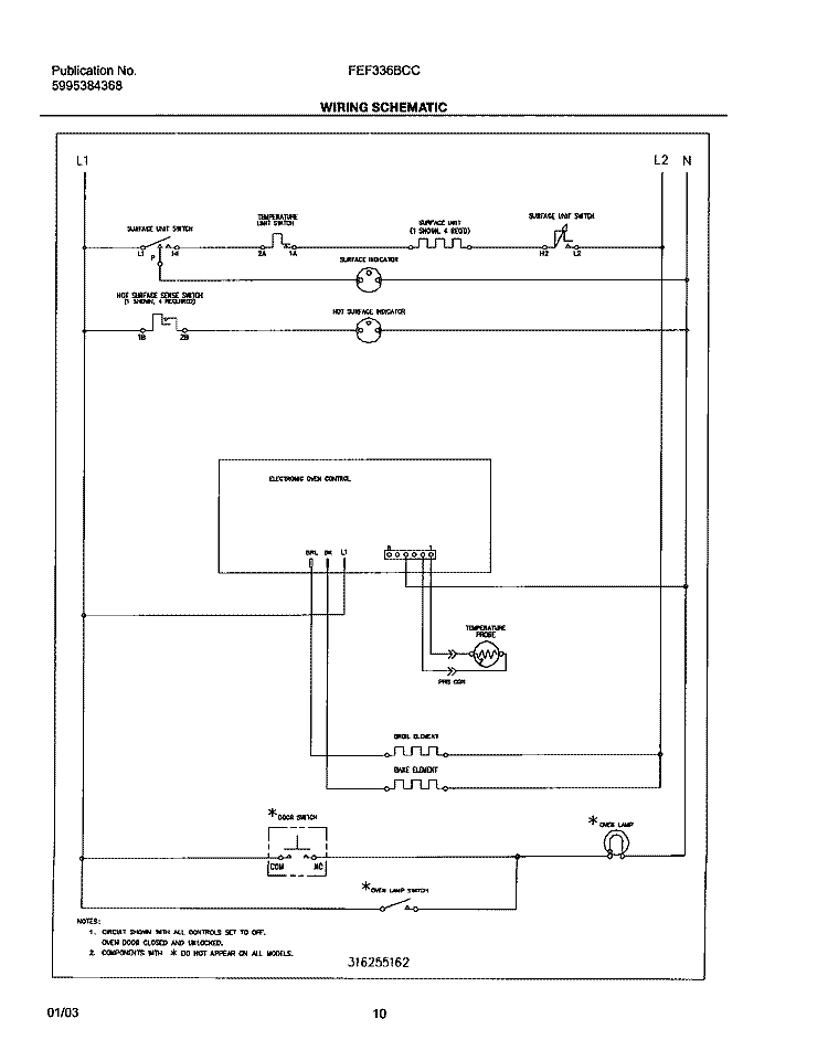 WIRING SCHEMATIC Diagram and Parts List for FEF336BCC  Frigidaire Range