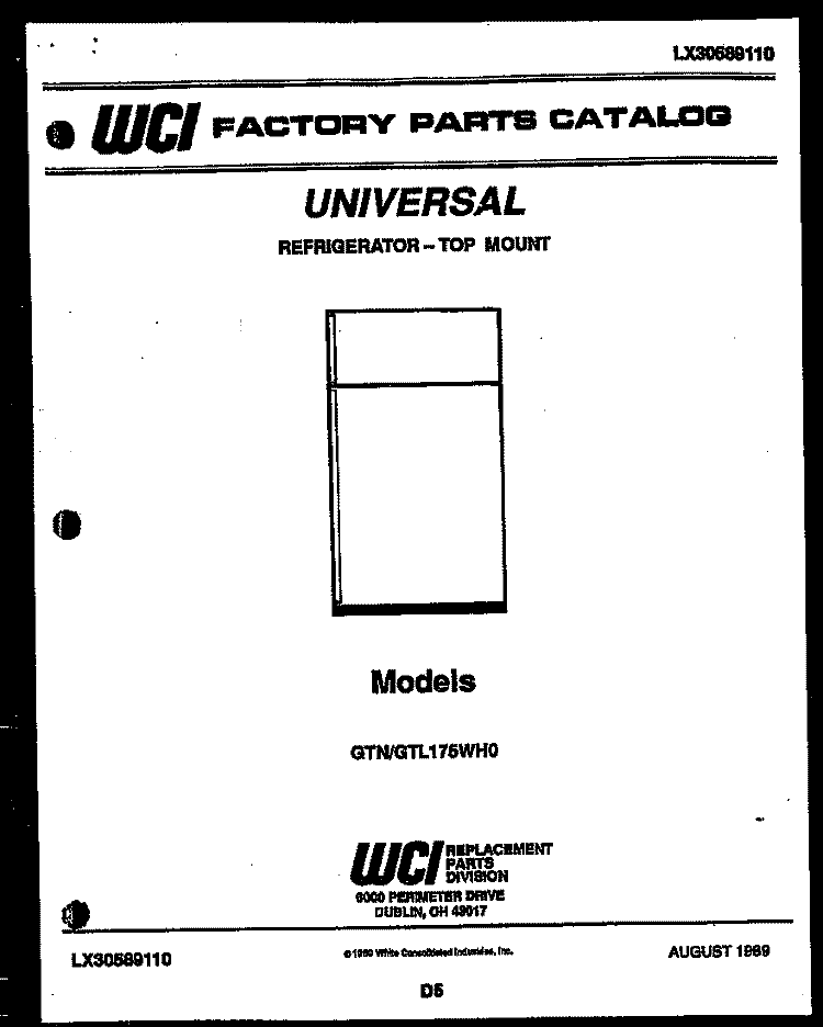 COVER Diagram and Parts List for GTL175HH0  Frigidaire Refrigerator