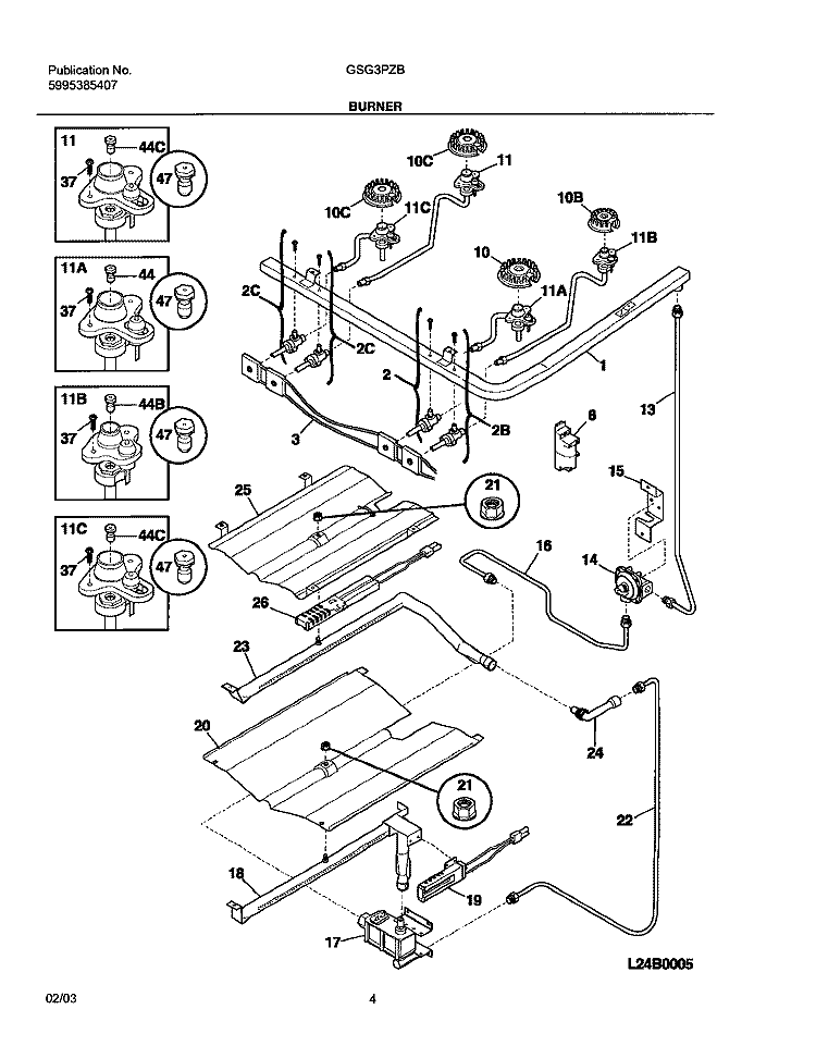 BURNER Diagram and Parts List for GSG3PZBBC  Frigidaire Range
