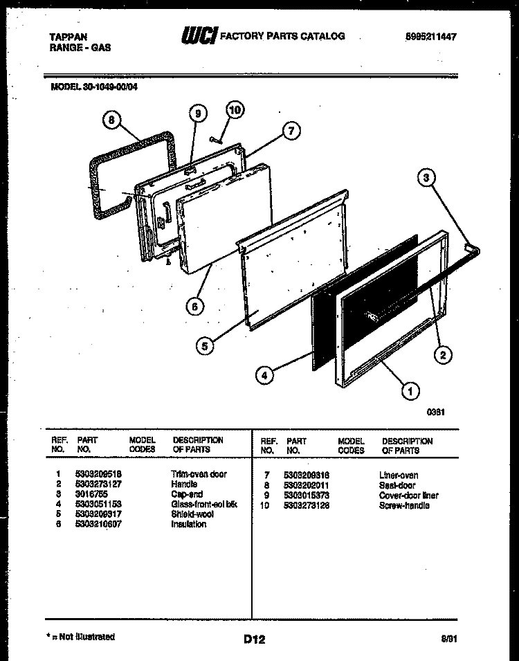 DOOR PARTS Diagram and Parts List for 30-1049-00-04  Tappan Range