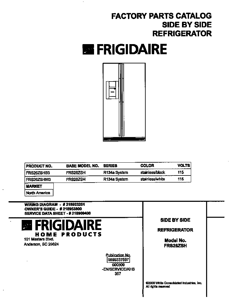 COVER Diagram and Parts List for FRS26ZSHB3  Frigidaire Refrigerator