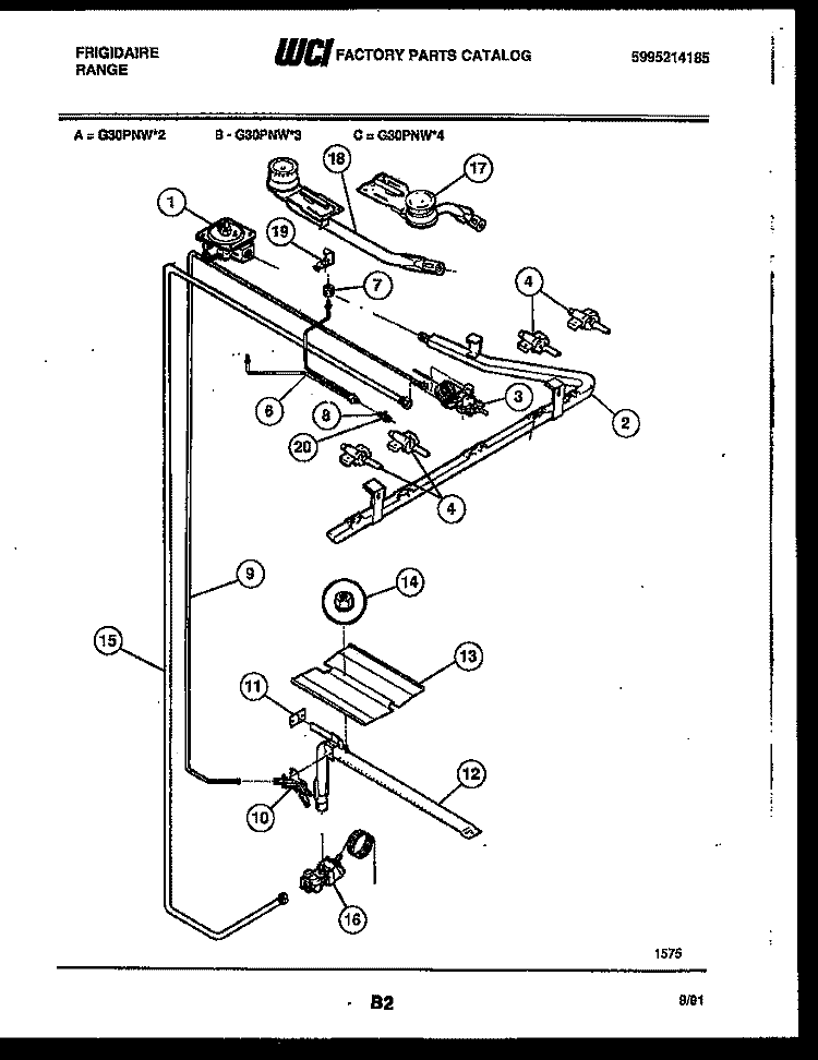 BURNER, MANIFOLD AND GAS CONTROL Diagram and Parts List for G30PNL2  Frigidaire Range