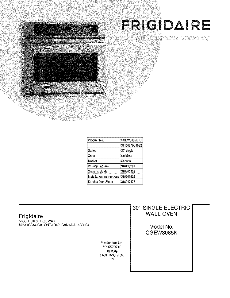 COVER Diagram and Parts List for CGEW3065KFB  Frigidaire Wall Oven