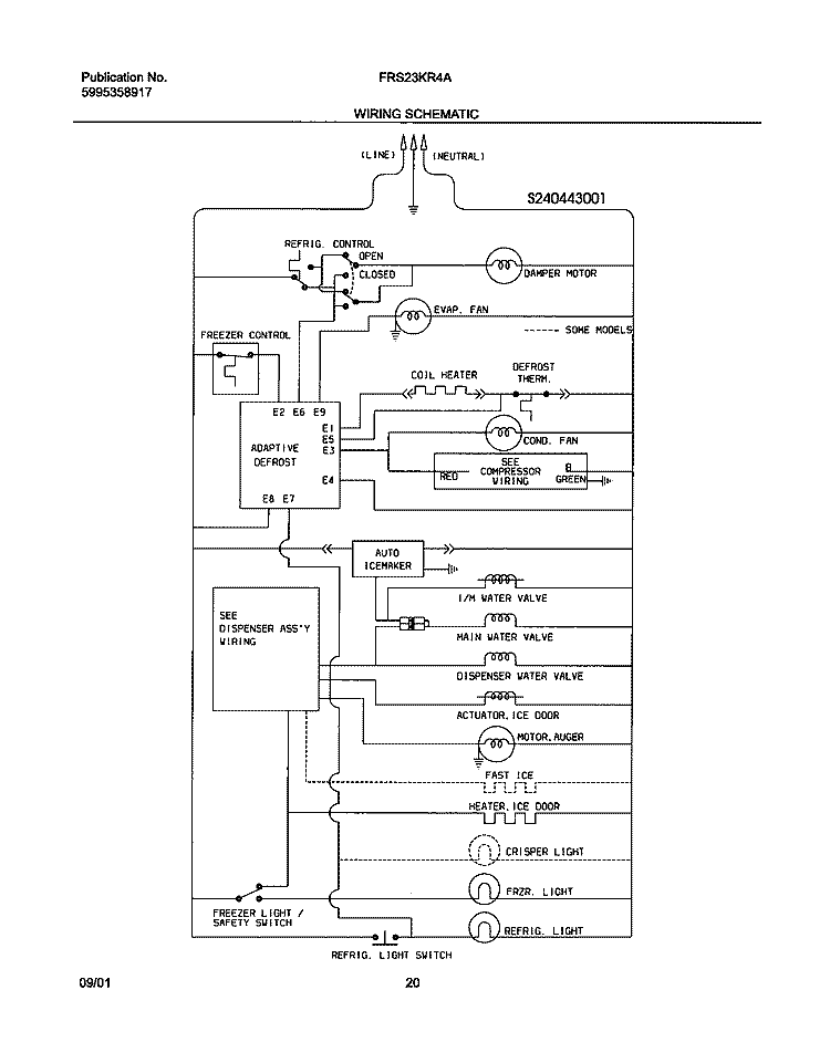 WIRING SCHEMATIC Diagram and Parts List for FRS23KR4AW2  Frigidaire Refrigerator