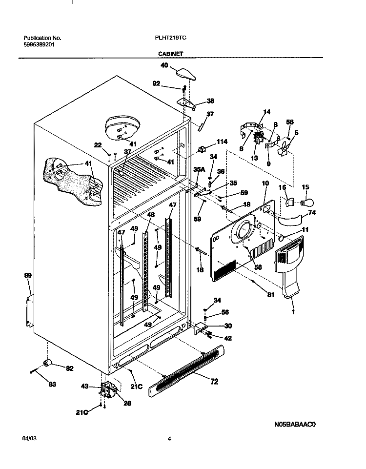 CABINET Diagram and Parts List for PLHT219TCK1  Frigidaire Refrigerator