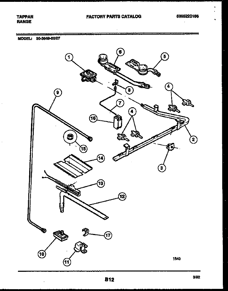 BURNER PARTS Diagram and Parts List for 30-3649-66-07  Tappan Range
