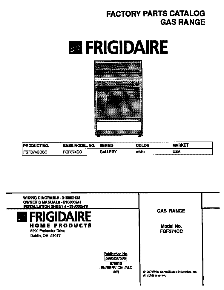 COVER Diagram and Parts List for FGF374CCSG  Frigidaire Range