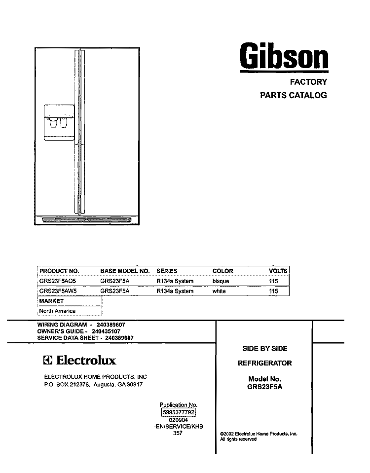 COVER Diagram and Parts List for GRS23F5AW5  Gibson Refrigerator