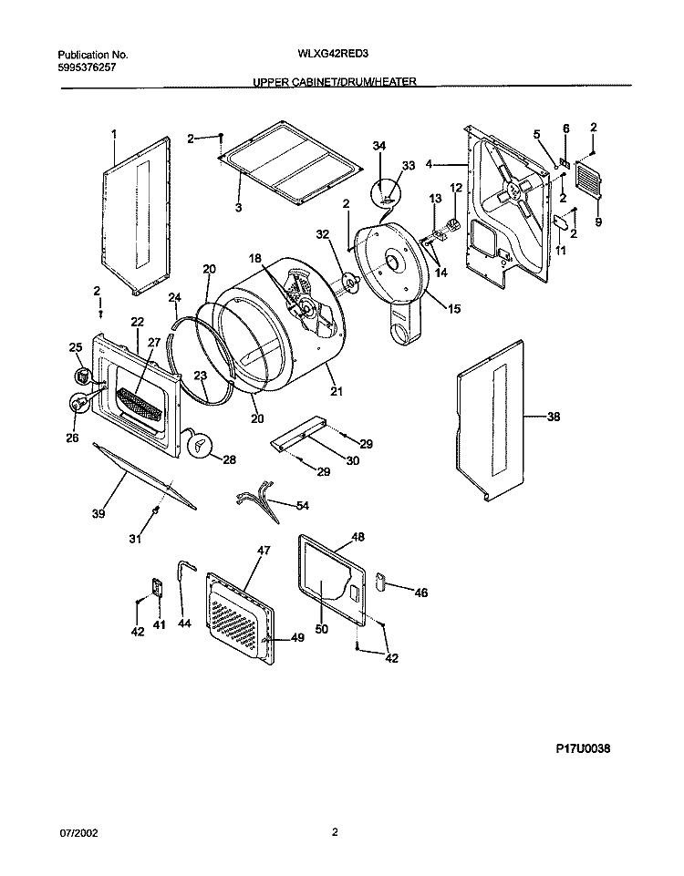UPPER CAB / DRUM / HEATER Diagram and Parts List for WLXG42RED3  Frigidaire Washer Dryer Combo
