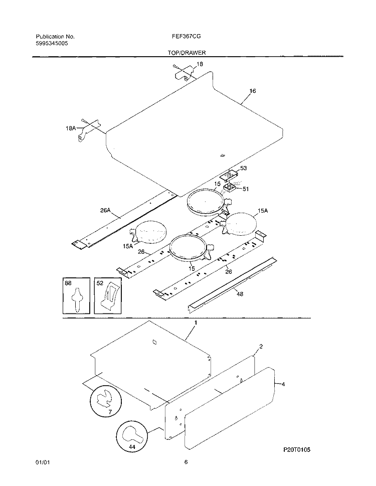 TOP / DRAWER Diagram and Parts List for FEF367CGSD  Frigidaire Range